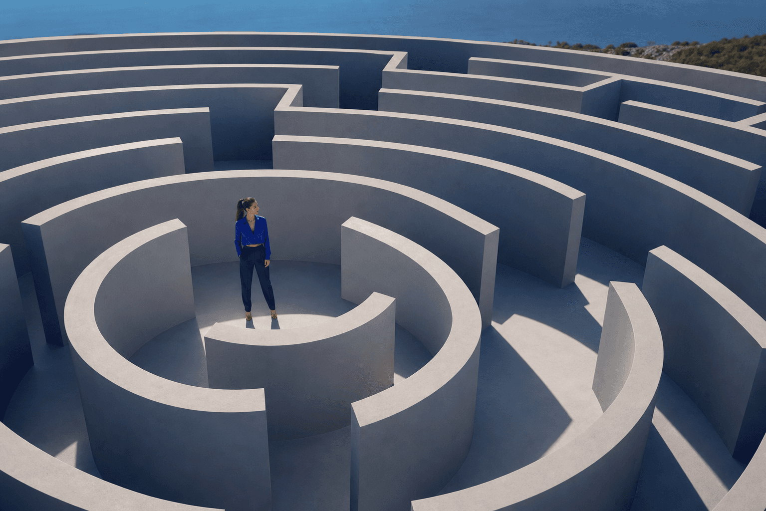 A young woman finding a clear route through a modern maze