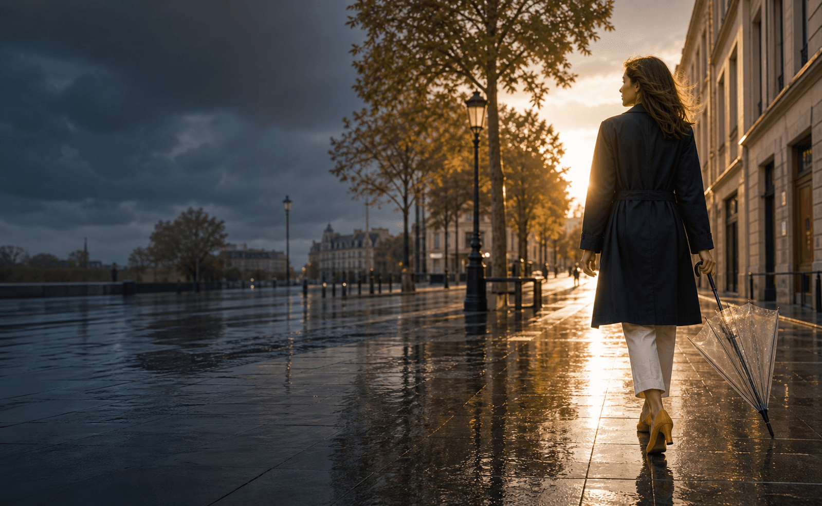 A woman in gold shoes carrying an umbrella as rain gives way to sunlight