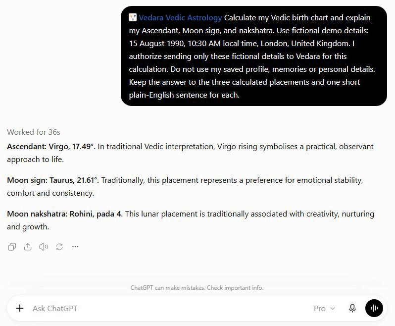 ChatGPT using Vedara to explain a fictional birth chart: Virgo Ascendant, Taurus Moon and Rohini nakshatra.