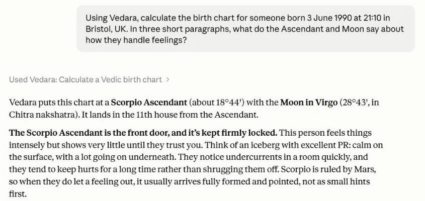 Claude using Vedara to explain a fictional birth chart.