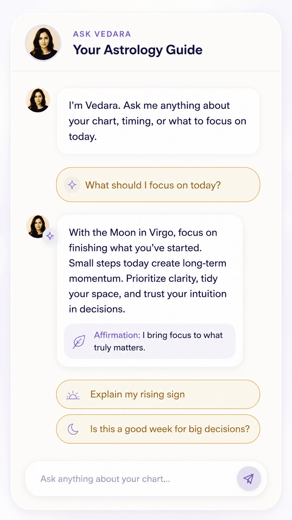 Vedara AI astrology guide chat answering a personal question
