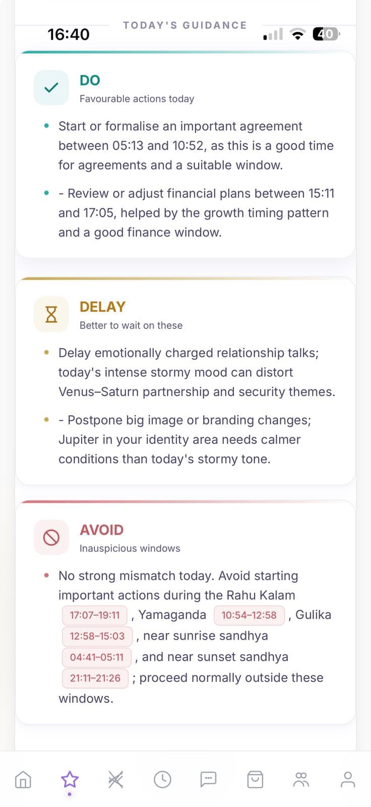 Vedara daily guidance showing Do, Delay and Avoid windows for today