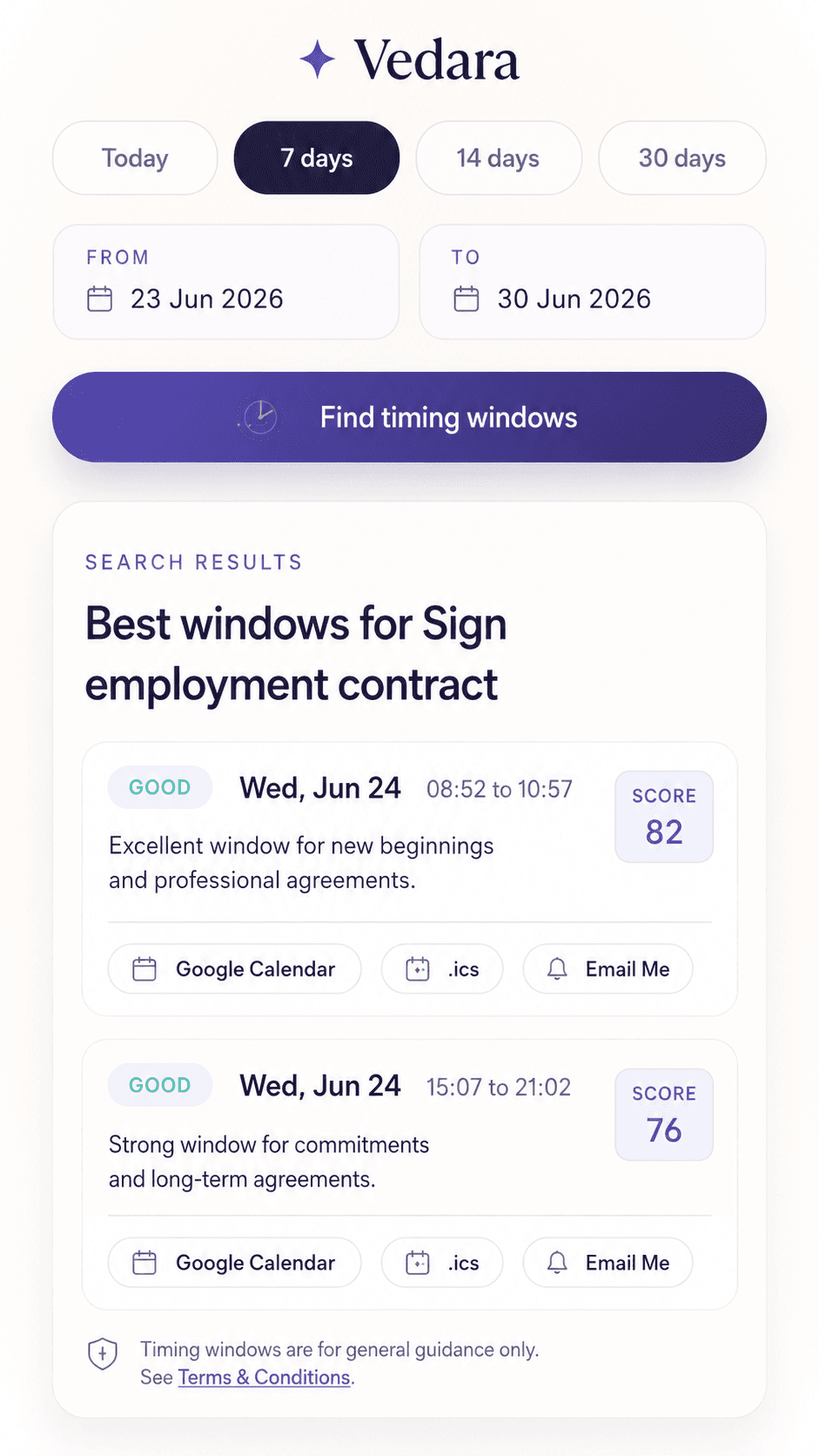 Vedara best timing windows with scored time slots for an event