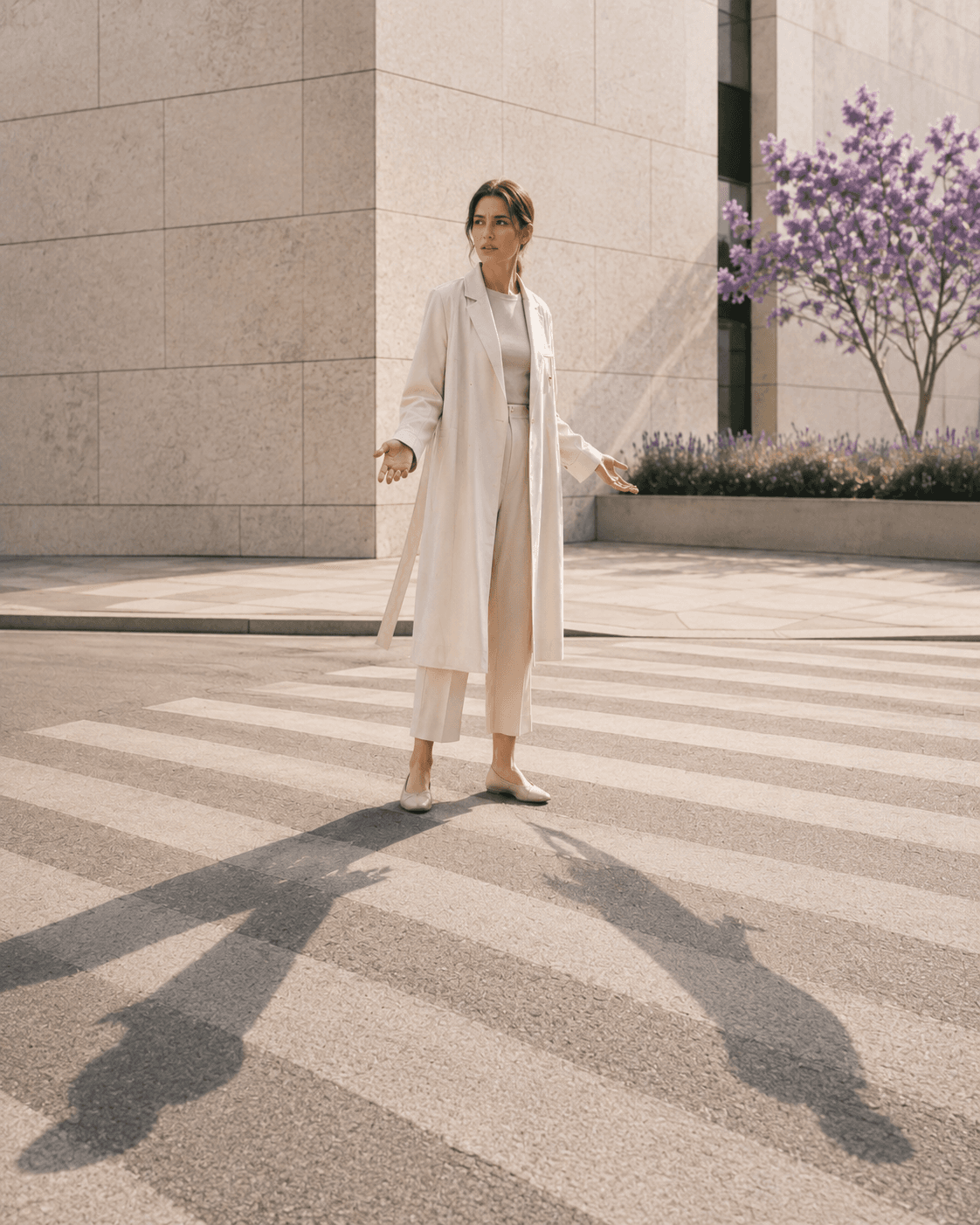 A woman pausing at a crossing while deciding which way to move.